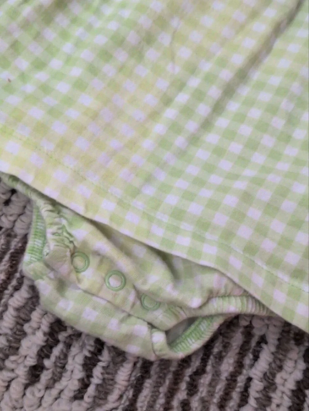 Carter's Purple Polka Dot Baby Romper & Green Checked Monkey Bodysuit.